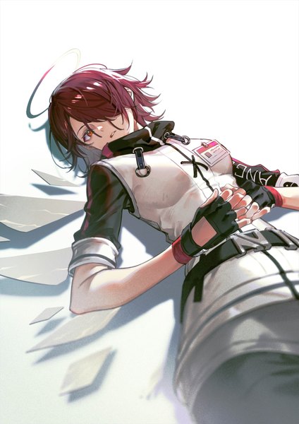 Anime picture 1080x1528 with arknights exusiai (arknights) a4-kalajiao single tall image looking at viewer fringe short hair simple background red eyes white background red hair lying hair over one eye on back girl gloves wings fingerless gloves halo