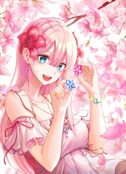 Anime picture 3477x4768 with original csc00014 single long hair tall image looking at viewer blush fringe highres open mouth blue eyes smile hair between eyes holding pink hair absurdres upper body :d hair flower arms up