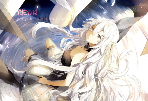 Anime picture 1653x1133 with original yueyuki single long hair looking at viewer white hair from above silver eyes girl dress water frills cross pillar column