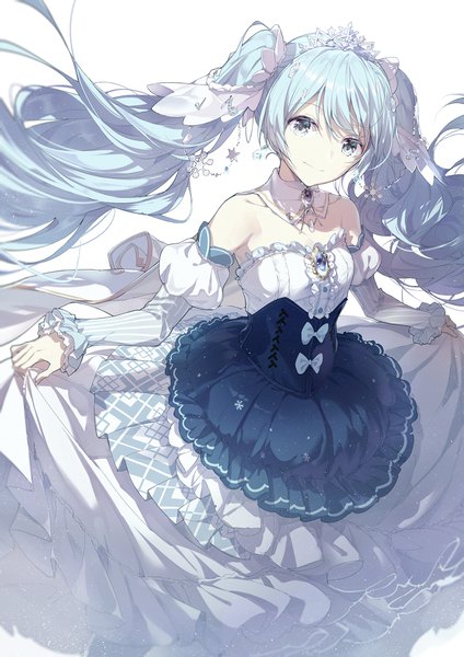 Anime picture 744x1052 with vocaloid hatsune miku yuki miku yuki miku (2019) lf single long hair tall image looking at viewer blue eyes simple background white background twintails blue hair girl dress hair ornament detached sleeves detached collar tiara