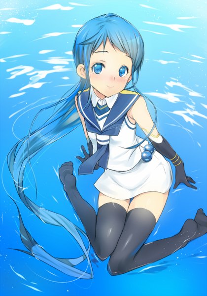 Anime picture 1000x1428 with kantai collection samidare destroyer rand (artist) single tall image looking at viewer blush blue eyes sitting blue hair very long hair no shoes zettai ryouiki wariza girl thighhighs skirt gloves black thighhighs miniskirt