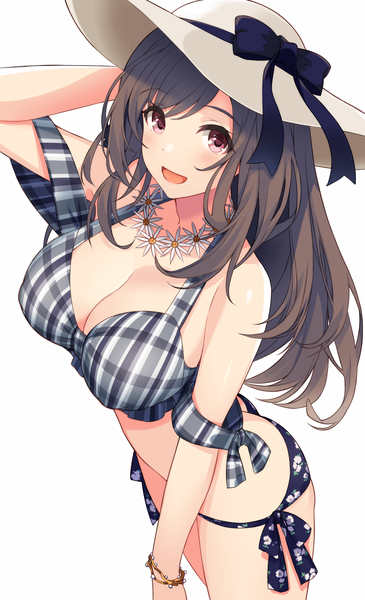 Anime picture 1068x1753 with idolmaster idolmaster shiny colors tsukioka kogane sukebewe single long hair tall image looking at viewer blush fringe breasts open mouth light erotic simple background smile hair between eyes brown hair large breasts standing white background