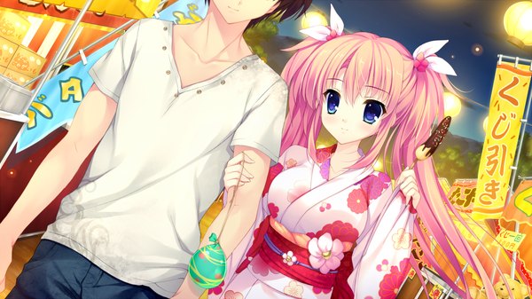 Anime picture 1280x720 with alia's carnival! shinomori yumi mitha long hair blue eyes wide image twintails pink hair game cg traditional clothes japanese clothes couple girl boy kimono water yoyo chocolate banana