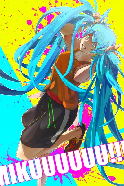 Anime picture 1000x1498 with vocaloid hatsune miku senkawa single long hair tall image looking at viewer open mouth blue eyes smile twintails blue hair very long hair inscription girl shorts sneakers tank top