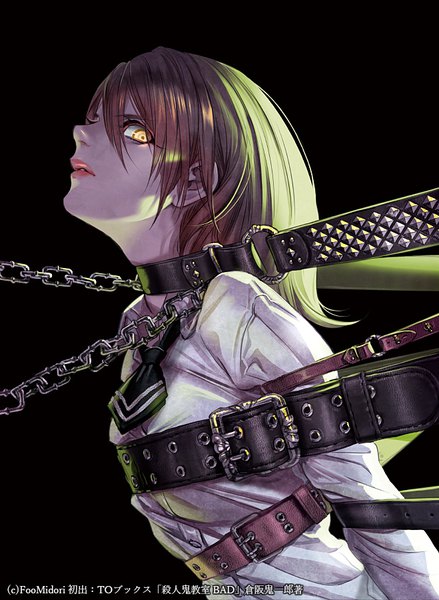 Anime picture 659x900 with original midori foo single tall image looking at viewer fringe short hair simple background brown hair yellow eyes upper body parted lips profile lips glowing watermark black background glowing eye (eyes) bondage angry