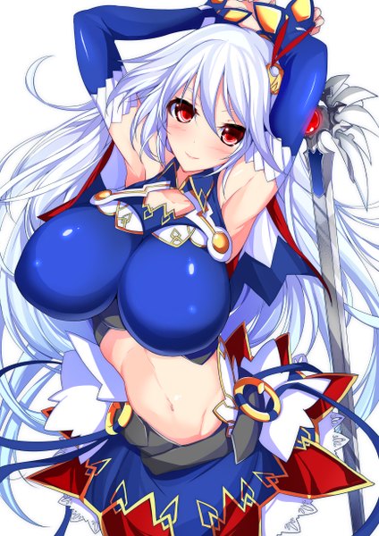 Anime picture 868x1228 with madan no ou to vanadis eleonora viltaria minamon (vittel221) single long hair tall image blush breasts light erotic simple background red eyes white background silver hair arms behind head girl navel weapon detached sleeves sword