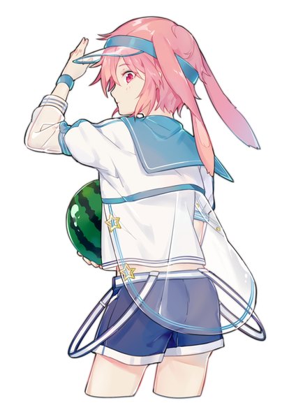 Anime picture 1500x2125 with arknights ansel (arknights) ansel (casual vacation) (arknights) anchun (quail0503) single tall image short hair simple background standing white background animal ears pink hair profile pink eyes arm up bunny ears turning head official alternate costume sailor collar boy