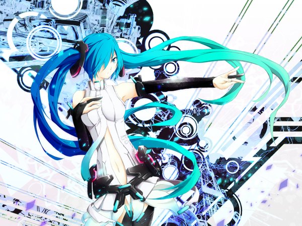 Anime picture 1500x1125 with vocaloid vocaloid append hatsune miku hatsune miku (append) mujun (zipper) single long hair fringe blue eyes twintails multicolored hair hair over one eye girl detached sleeves