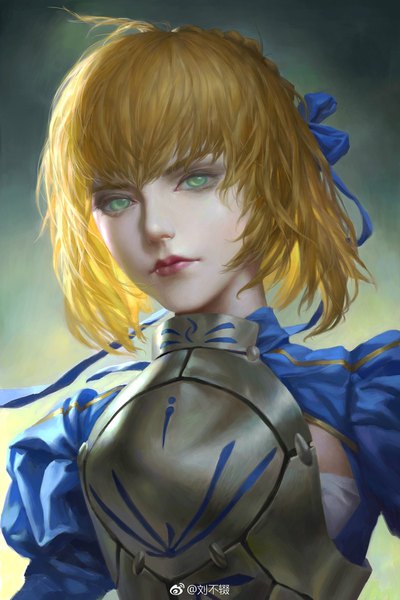 Anime picture 1200x1797 with fate (series) artoria pendragon (all) saber liu bu chuo single tall image looking at viewer short hair blonde hair green eyes head tilt lips puffy sleeves portrait girl ribbon (ribbons) hair ribbon armor
