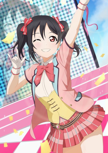 Anime picture 2894x4093 with love live! school idol project sunrise (studio) love live! yazawa nico zanpon single tall image blush fringe highres short hair black hair smile hair between eyes red eyes twintails looking away one eye closed arm up wink