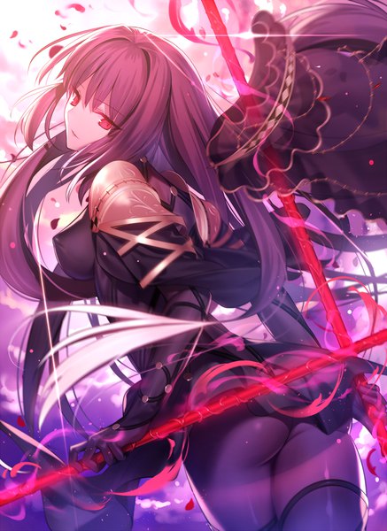 Anime picture 1200x1647 with fate (series) fate/grand order scathach (fate) (all) scathach (fate) mashima saki (mashimasa) single long hair tall image looking at viewer fringe breasts light erotic hair between eyes red eyes large breasts holding payot sky purple hair ass