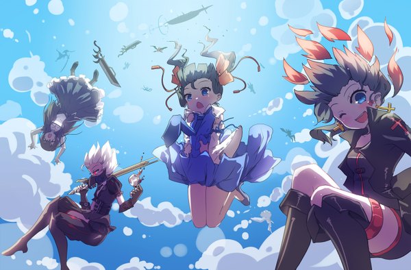 Anime picture 1500x986 with original pixiv fantasia pixiv fantasia t qian ye (qys3) qys3 long hair looking at viewer blush fringe short hair open mouth blue eyes black hair red eyes brown hair twintails multiple girls looking away sky cloud (clouds)