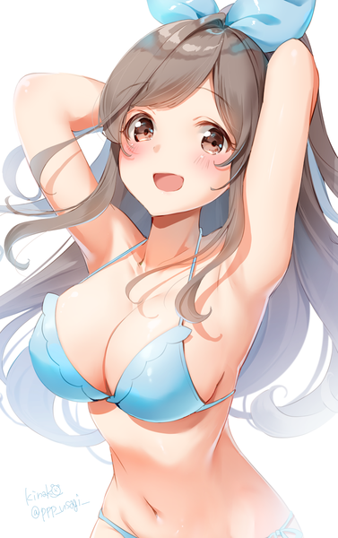 Anime picture 858x1363 with idolmaster idolmaster shiny colors tsukioka kogane kinako (shiratama mochi) single long hair tall image looking at viewer blush fringe breasts open mouth light erotic simple background smile brown hair large breasts standing white background brown eyes
