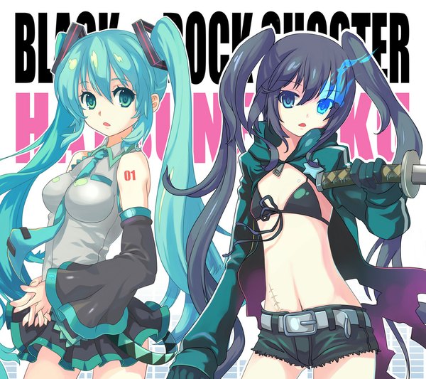 Anime picture 1024x910 with black rock shooter vocaloid hatsune miku black rock shooter (character) mintchoco (orange shabette) long hair blue eyes black hair twintails multiple girls inscription glowing scar glowing eye (eyes) crossover girl navel weapon 2 girls detached sleeves