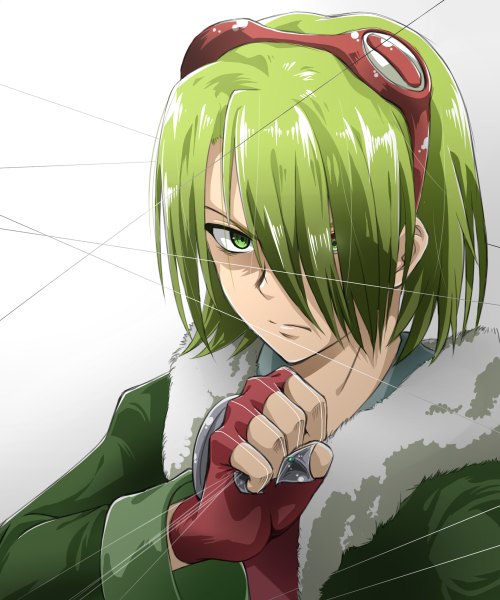 Anime picture 1000x1200 with akame ga kill! white fox lubbock sazanka single tall image looking at viewer fringe short hair simple background standing white background holding green eyes green hair hair over one eye open jacket gradient background angry goggles on head