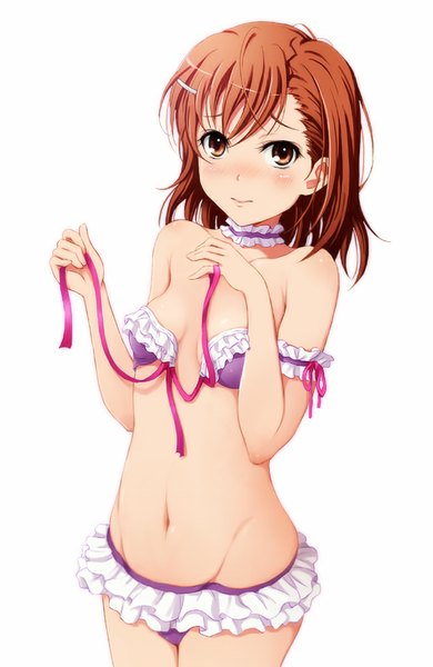 Anime picture 650x1000 with to aru kagaku no railgun j.c. staff misaka mikoto shian (my lonly life.) single long hair tall image looking at viewer blush breasts light erotic simple background white background bare shoulders bare belly strap slip girl navel ribbon (ribbons) swimsuit