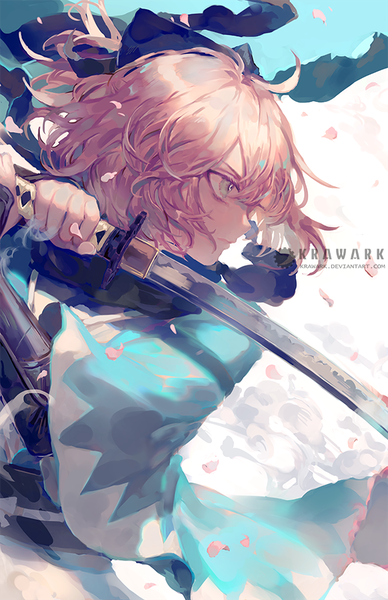 Anime picture 582x900 with fate (series) fate/grand order okita souji (fate) (all) okita souji (koha-ace) renos single tall image short hair blonde hair signed yellow eyes looking away ahoge traditional clothes japanese clothes profile fighting stance serious shinsengumi girl