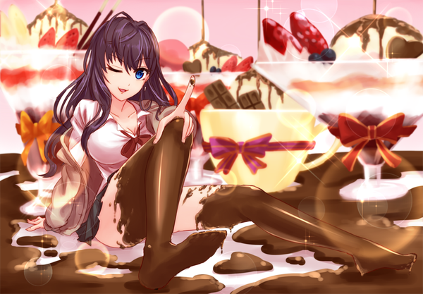 Anime picture 1000x696 with idolmaster idolmaster cinderella girls ichinose shiki shingo (picturepuzzle) single long hair looking at viewer open mouth blue eyes light erotic black hair one eye closed wink legs girl skirt miniskirt food sweets chocolate