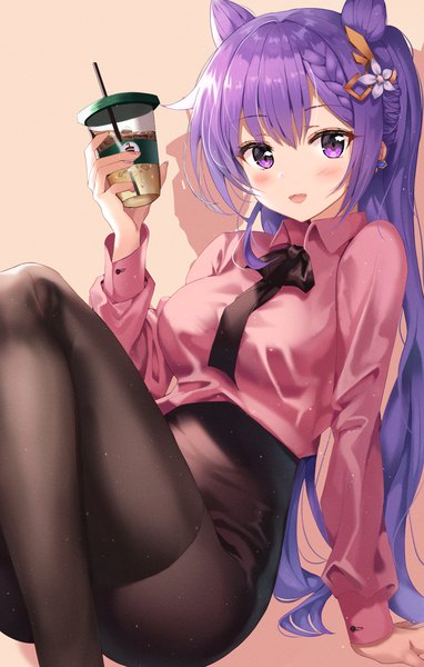 Anime picture 3000x4700 with genshin impact keqing (genshin impact) shaffelli single long hair tall image looking at viewer blush fringe highres breasts open mouth simple background smile hair between eyes sitting purple eyes payot purple hair bent knee (knees)