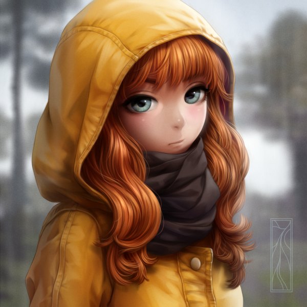 Anime picture 1200x1200 with original kotikomori single long hair blue eyes signed upper body blurry orange hair portrait girl jacket scarf hood