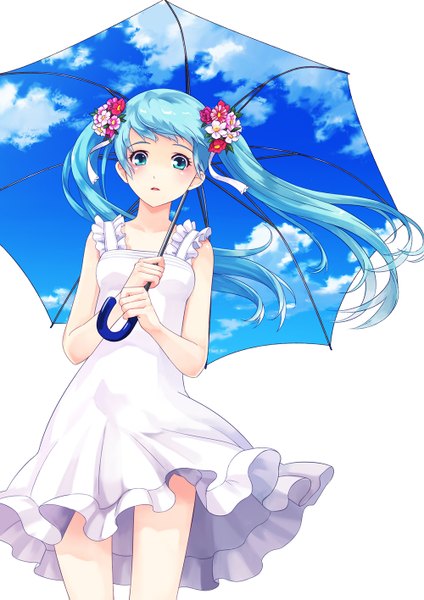 Anime picture 1000x1415 with vocaloid hatsune miku harupy single long hair tall image looking at viewer fringe blue eyes simple background white background twintails bare shoulders holding blue hair sky cloud (clouds) hair flower wind sky print