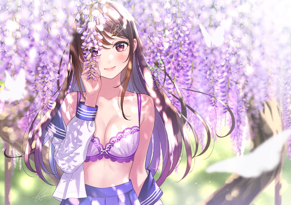 Anime picture 1736x1228 with original morikura en single long hair looking at viewer blush fringe highres breasts light erotic smile brown hair standing bare shoulders brown eyes signed cleavage head tilt arm up blurry