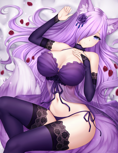 Anime picture 773x1000 with original gigamessy single long hair tall image looking at viewer blush fringe breasts light erotic smile large breasts purple eyes signed animal ears cleavage purple hair bent knee (knees) tail lying