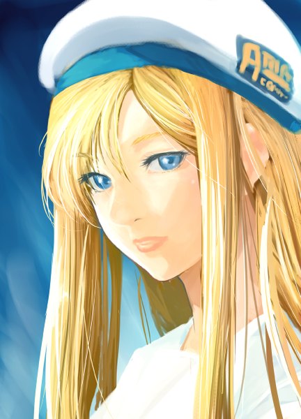 Anime picture 865x1200 with aria alicia florence hirokiku single long hair tall image looking at viewer blue eyes simple background blonde hair realistic portrait blue background girl beret