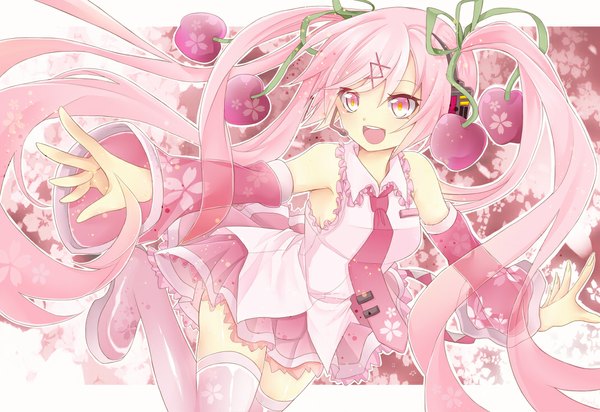 Anime picture 1068x734 with vocaloid hatsune miku sakura miku uruhara ryuuku single long hair open mouth twintails pink hair pink eyes cherry blossoms girl thighhighs skirt detached sleeves miniskirt necktie food headphones vest