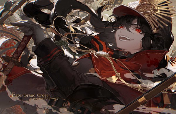 Anime picture 980x638 with fate (series) fate/grand order koha-ace oda nobunaga (fate) (all) oda nobunaga (fate) kawacy single long hair tall image fringe black hair smile hair between eyes red eyes signed looking away upper body wind teeth from below