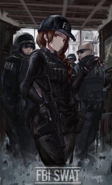 Anime-Bild 2953x4870 mit rainbow six siege ash (rainbow six siege) sawkm long hair tall image looking at viewer highres brown hair standing holding brown eyes signed braid (braids) parted lips multiple boys single braid military bald trigger discipline girl