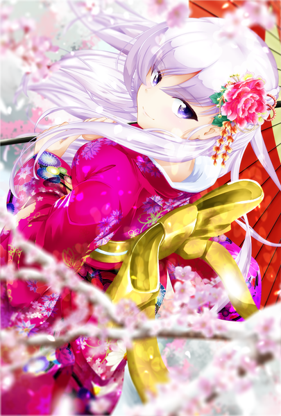 Anime-Bild 1378x2039 mit azur lane belfast (azur lane) riwowakamoto085 single long hair tall image looking at viewer purple eyes holding white hair traditional clothes japanese clothes looking back hair flower wind depth of field cherry blossoms floral print girl flower (flowers)