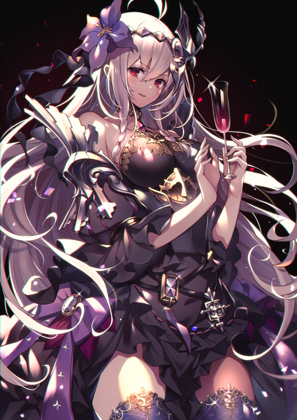 Anime picture 850x1200 with shingeki no bahamut granblue fantasy jeanne d'arc (granblue fantasy) dark jeanne homaderi single long hair tall image looking at viewer blush fringe breasts simple background smile hair between eyes red eyes standing bare shoulders holding payot