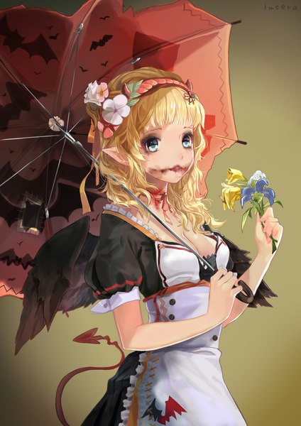 Anime picture 820x1160 with original sera (kpj11) single long hair tall image fringe breasts blue eyes blonde hair holding cleavage tail hair flower pointy ears maid demon tail black wings girl hair ornament flower (flowers)