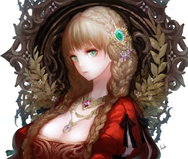 Anime picture 1000x848 with original danhu single long hair looking at viewer fringe breasts blonde hair green eyes signed cleavage braid (braids) twin braids girl hair ornament bow plant (plants) choker jewelry necklace