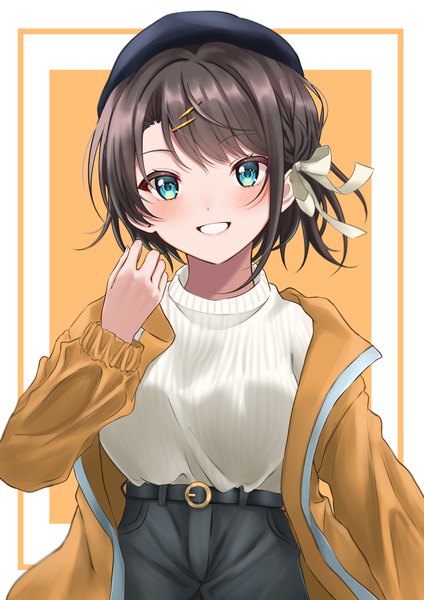 Anime picture 1457x2064 with virtual youtuber hololive oozora subaru yoshiki 3821 single tall image looking at viewer blush short hair simple background smile brown hair upper body aqua eyes open jacket grin border outside border orange background girl