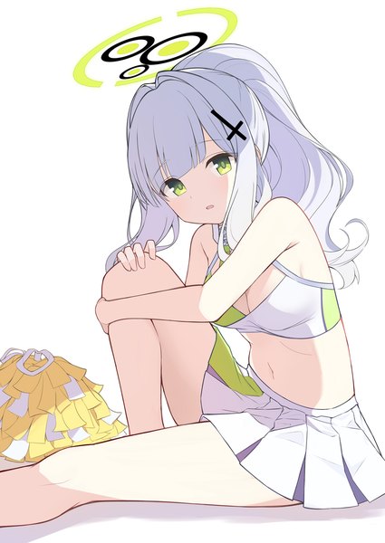 Anime picture 1003x1416 with blue archive hare (blue archive) rururiiro single long hair tall image looking at viewer light erotic simple background white background sitting green eyes cleavage silver hair ponytail pleated skirt midriff millennium cheerleader outfit (blue archive) girl skirt