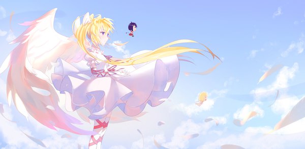 Anime picture 2194x1080 with shugo chara! hoshina utau el (shugo chara!) il (shugo chara!) rioom long hair highres blonde hair wide image purple eyes twintails looking away sky cloud (clouds) profile pink eyes wind chibi angel wings girl