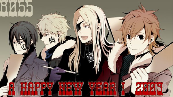 Anime picture 1791x1009 with sweet pool nitro+chiral youji sakiyama tetsuo shironuma mita makoto zenya okinaga 8055 long hair highres black hair blonde hair smile brown hair wide image black eyes multiple boys grey eyes new year face paint boy