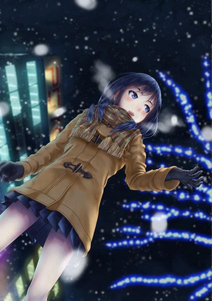 Anime picture 900x1273 with original suzu-q single long hair tall image blush open mouth blue eyes blue hair looking away night from below snowing winter exhalation girl skirt jacket scarf