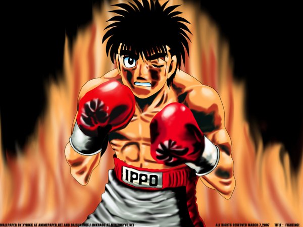 Anime picture 1600x1200 with hajime no ippo makunouchi ippo looking at viewer short hair black hair one eye closed wink black eyes wallpaper muscle boy shorts blood flame scratch boxing gloves