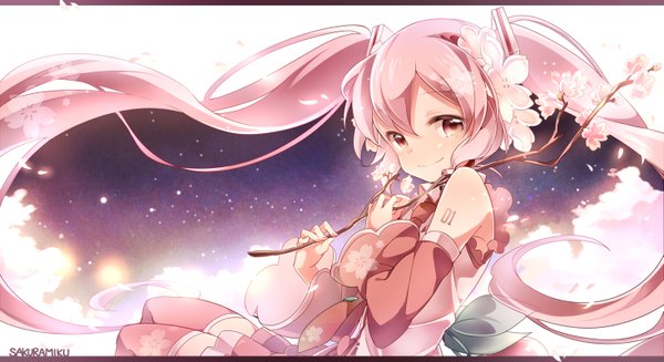 Anime picture 1467x800 with vocaloid hatsune miku sakura miku umiko (munemiu) long hair blush smile wide image pink hair pink eyes cherry blossoms girl detached sleeves petals