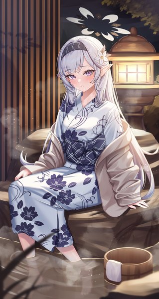 Anime picture 1200x2258 with blue archive himari (blue archive) chisi single long hair tall image looking at viewer blush fringe sitting purple eyes silver hair blunt bangs long sleeves traditional clothes parted lips japanese clothes barefoot pointy ears off shoulder