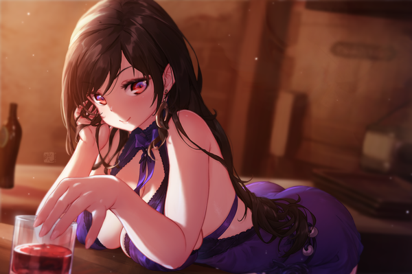 Anime picture 4357x2894 with final fantasy final fantasy vii final fantasy vii remake square enix tifa lockhart mitsu (mitsu art) single long hair looking at viewer blush highres breasts light erotic black hair smile red eyes large breasts signed absurdres cleavage