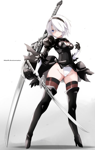 Anime picture 1150x1800 with nier nier:automata yorha no. 2 type b karukan (monjya) single tall image fringe short hair breasts blue eyes light erotic simple background standing holding looking away full body white hair parted lips hair over one eye mole