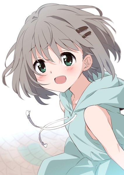 Anime picture 2149x3035 with yama no susume 8bit yukimura aoi mousou (mousou temporary) single tall image blush highres short hair open mouth green eyes :d from above grey hair sleeveless girl hairclip