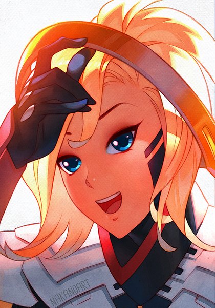 Anime picture 630x900 with overwatch blizzard entertainment mercy (overwatch) nakanoart single tall image looking at viewer short hair open mouth blue eyes simple background blonde hair white background signed portrait hand on head girl gloves black gloves mechanical halo