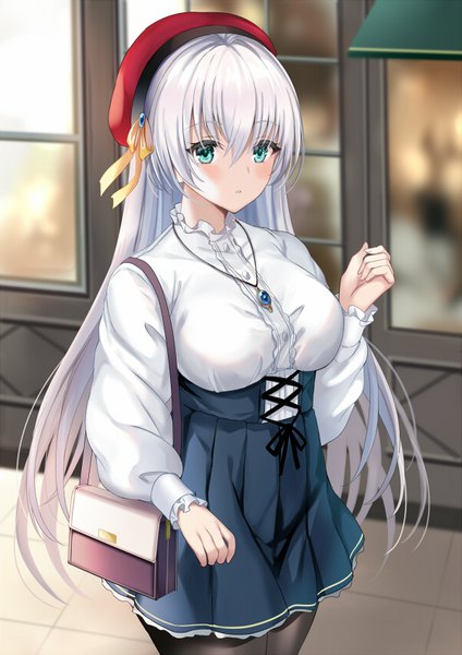 Anime picture 600x848 with fate (series) fate/grand order anastasia (fate) harimoji single long hair tall image looking at viewer blush fringe breasts hair between eyes standing payot silver hair outdoors long sleeves pleated skirt aqua eyes alternate costume