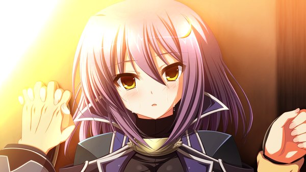 Anime picture 1280x720 with sengoku hime short hair wide image yellow eyes game cg purple hair tears girl