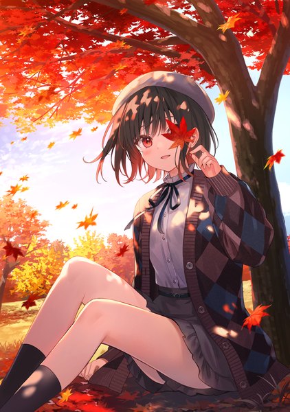 Anime picture 882x1254 with original fukahire (ruinon) single tall image looking at viewer blush fringe short hair open mouth smile red eyes brown hair sitting sky cloud (clouds) bent knee (knees) outdoors long sleeves autumn rhombus